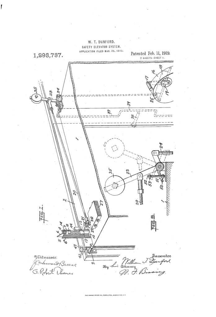 Today S Patent SAFETY ELEVATOR SYSTEM Lexprotector Com   US1293737 Drawings Page 1 697x1024 